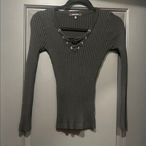 New Look Charcoal Ribbed Lace-Up Long Sleeve Top